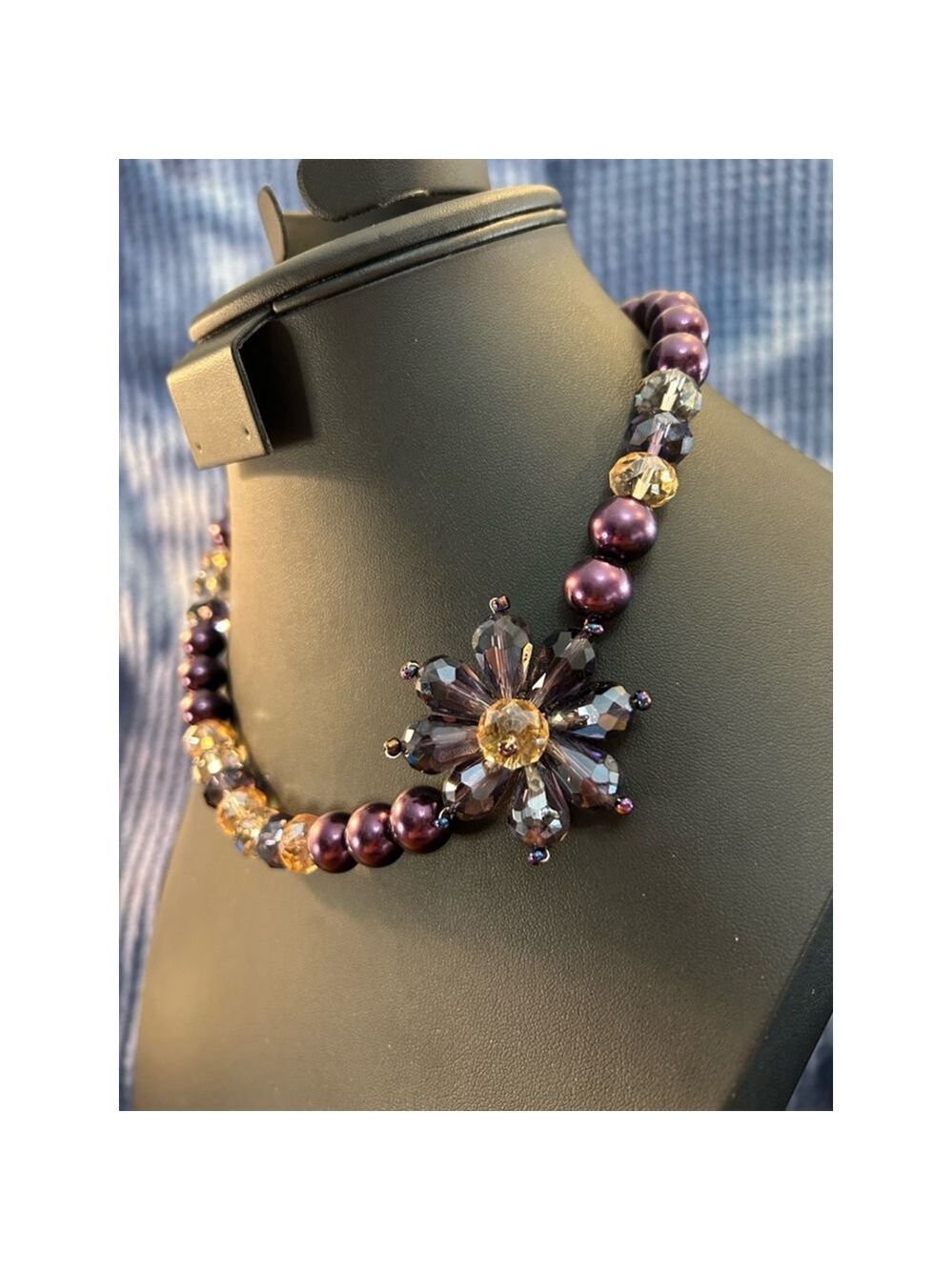 Purple & Champagne crystal and faux pearl floral beaded necklace